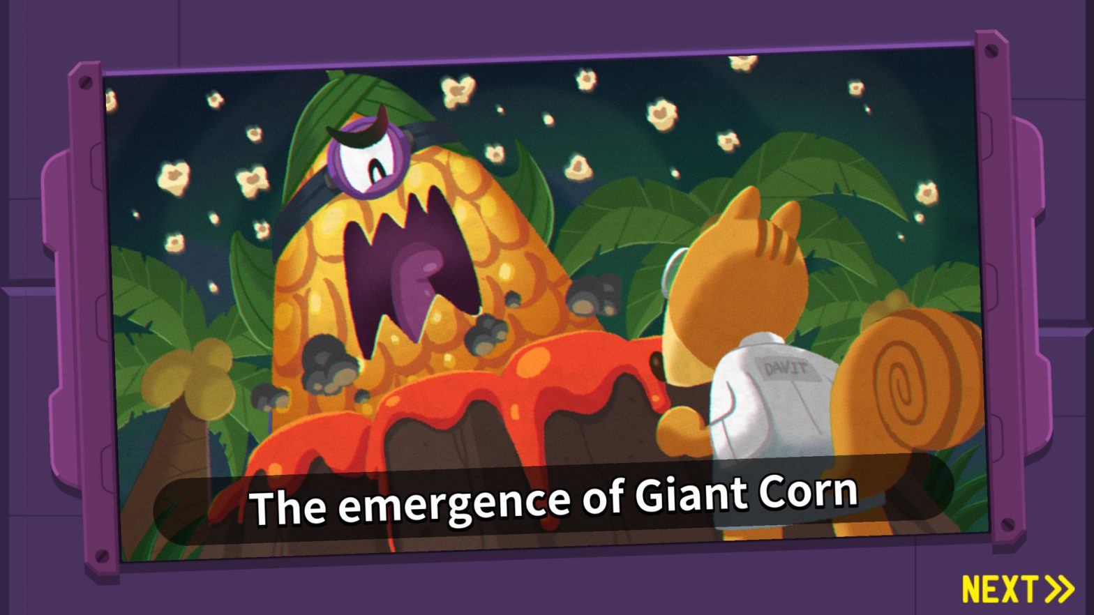 A giant corn cob emerges from a volcano